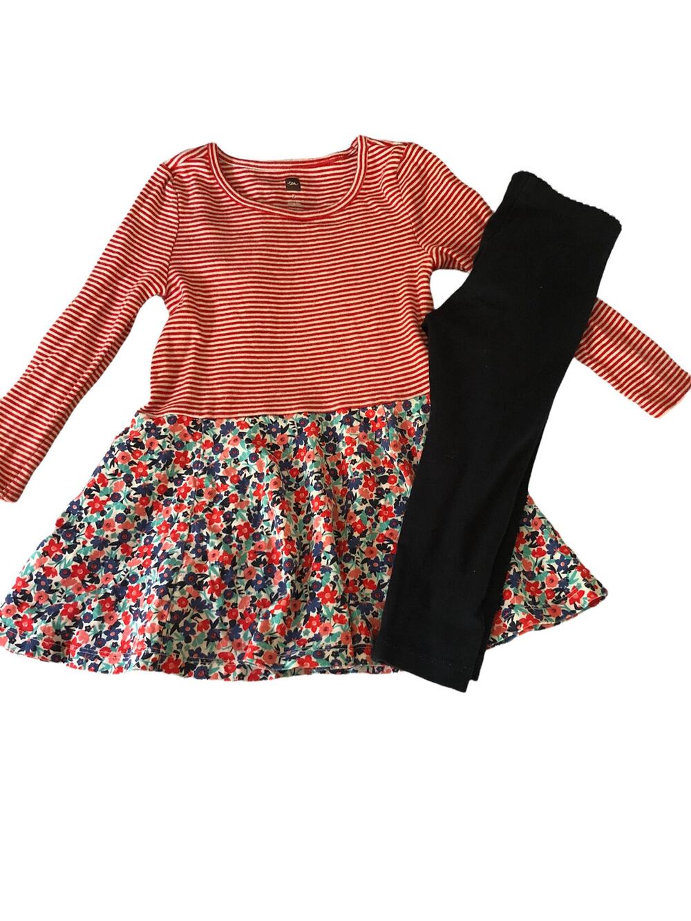 Tea Collection Red Stripe Blue Floral Dress With Navy Leggings 2t